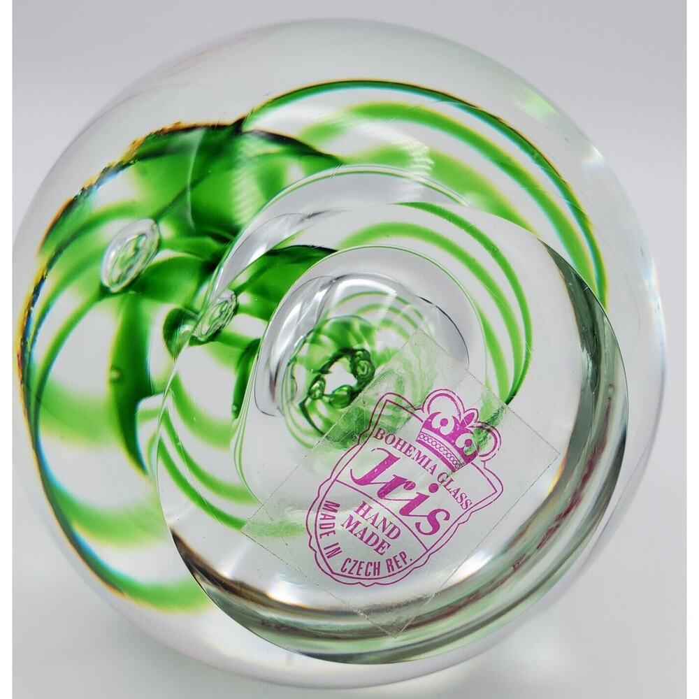 Iris Bohemia Crystal Round Green Swirls Glass Clear Handmade Vintage 12"